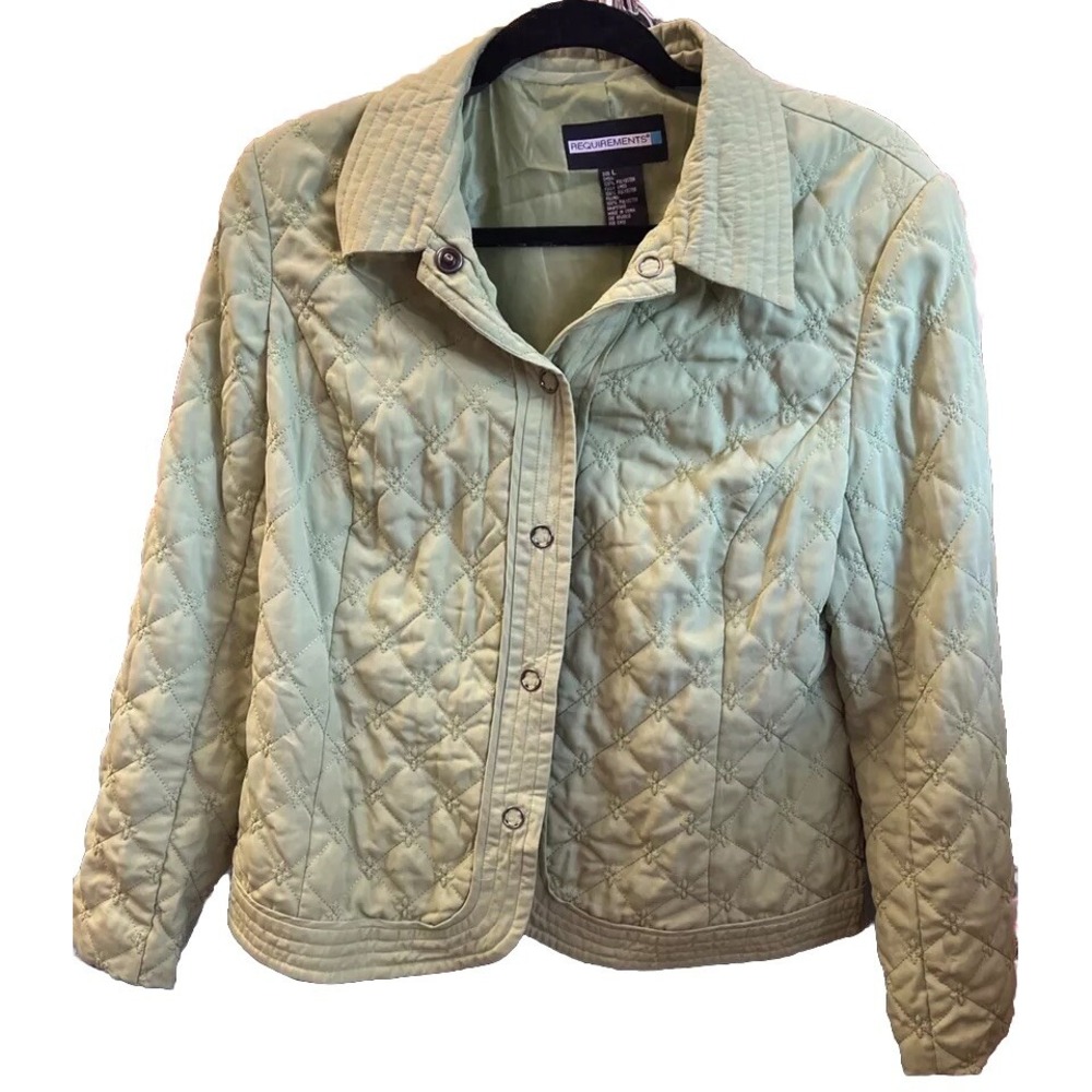 Requirements Womens Green Floral Embossed Quilted Jacket Large Snap Front Lined